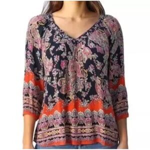 Bila Women Navy Coral‎ Paisley Floral V-Neck 3/4 Sleeve Blouse Top Large